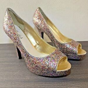 Candies Cayunnis Multi Color Glitter Peep Toe Stilettos Size 8 1/2M